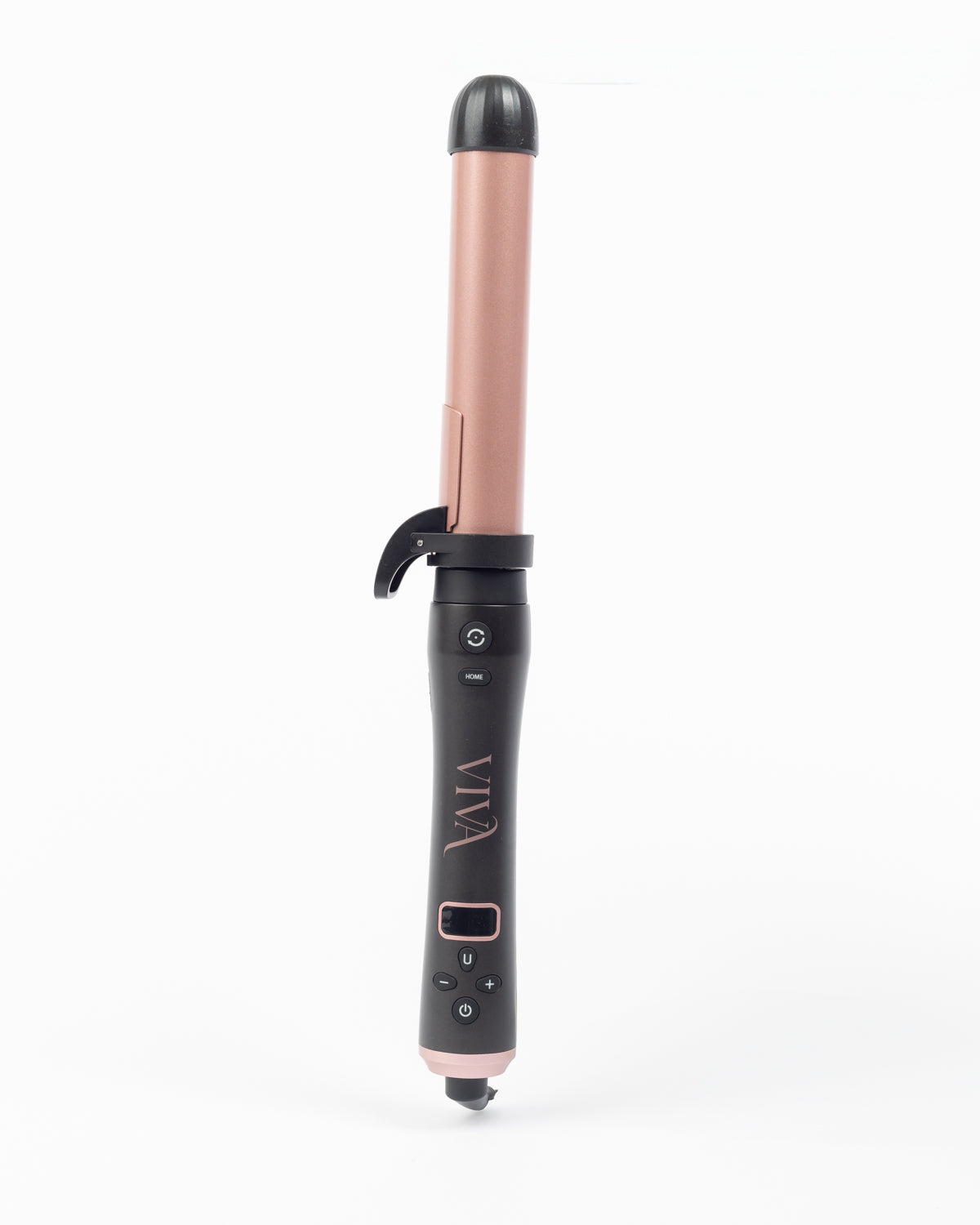 VIVA 3 in 1 automatic rotating hair curler, sleek black and rose gold curling iron with digital controls on a white background.