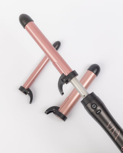 Close up for VIVA's 3 in 1 automatic rotating hair curler with three barrel sizes showcasing how it opens.