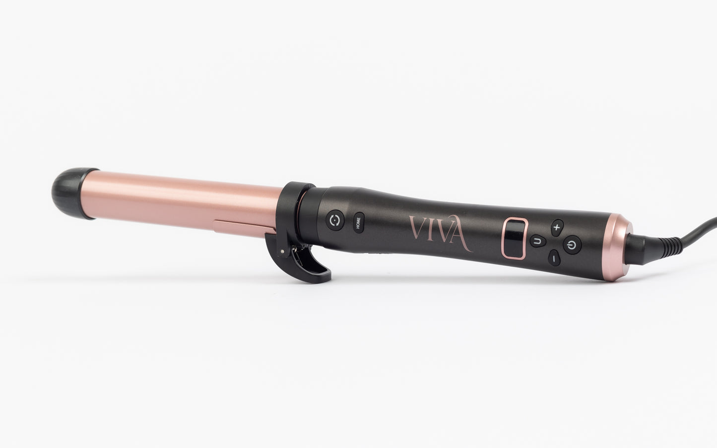 Close-up of VIVA 3 in 1 hair curler showcasing adjustable temperature settings on digital LCD screen.