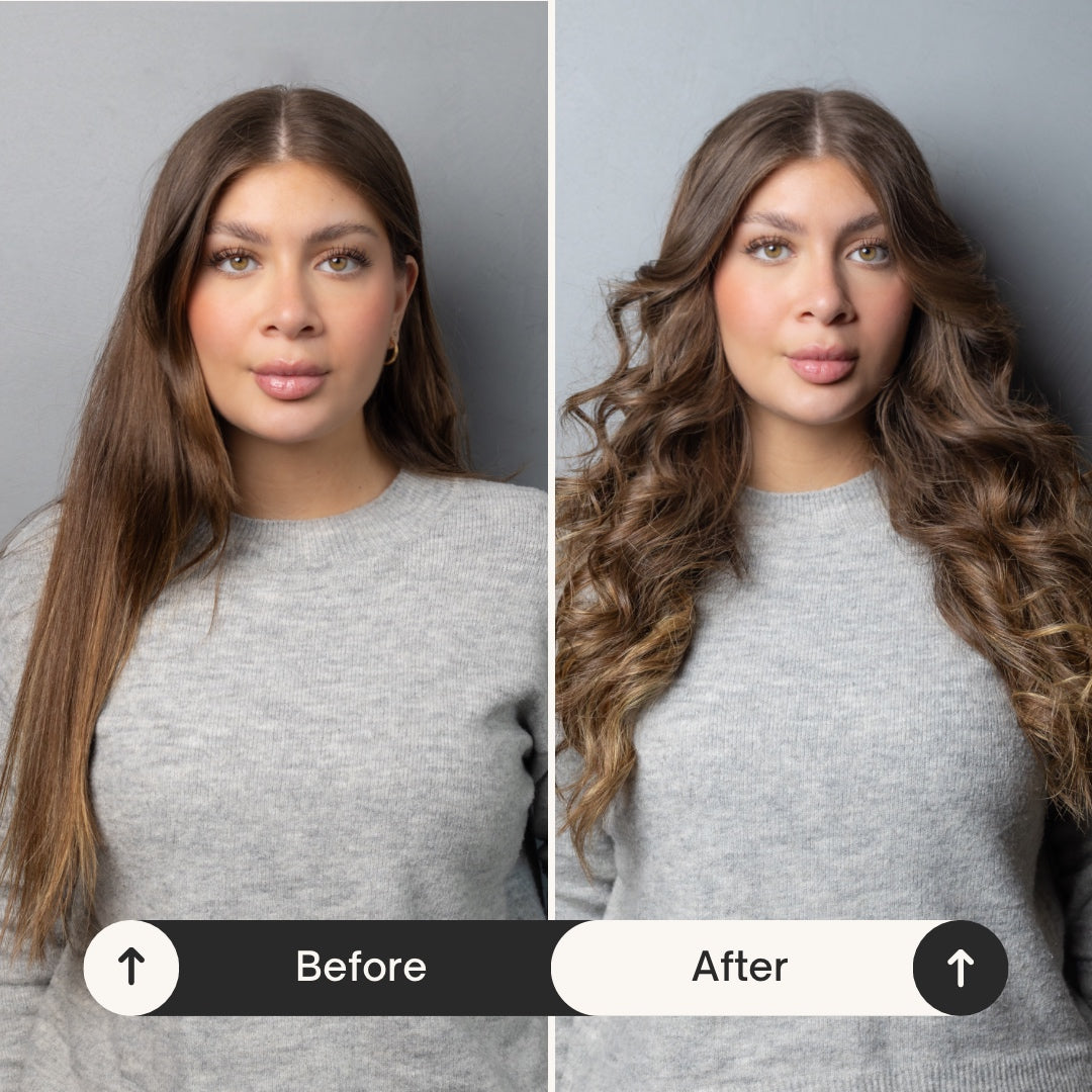 Another model posing before and after using VIVA's Automatic 3 in 1 Rotating hair curler